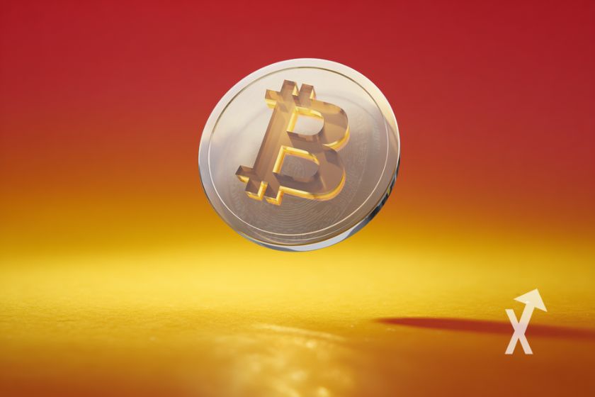 coin Bitcoin en gris sur un fond jaune et rouge