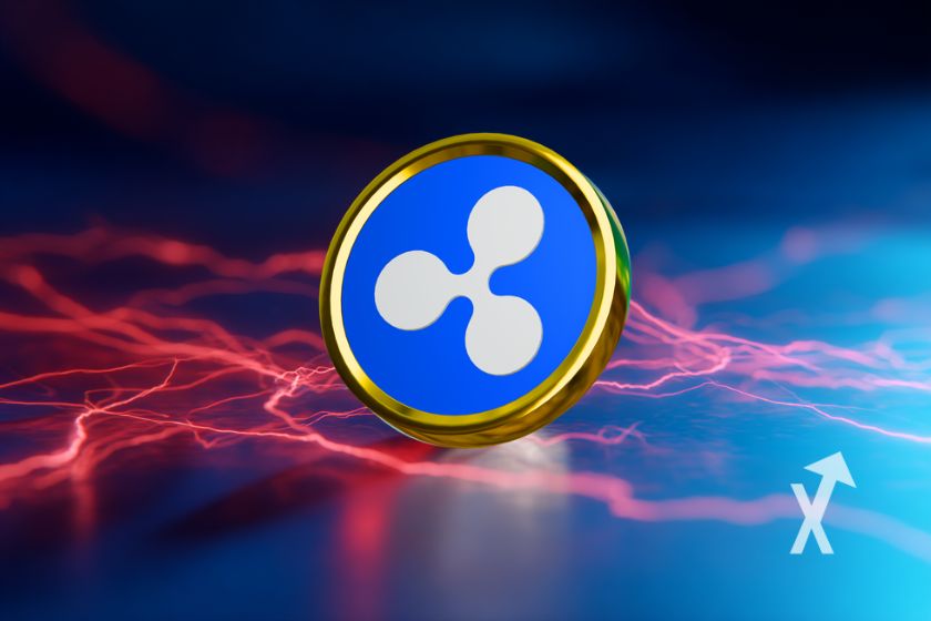 coin XRP en bleu sur un fond bleu avec des éclairs rouges en dessosu