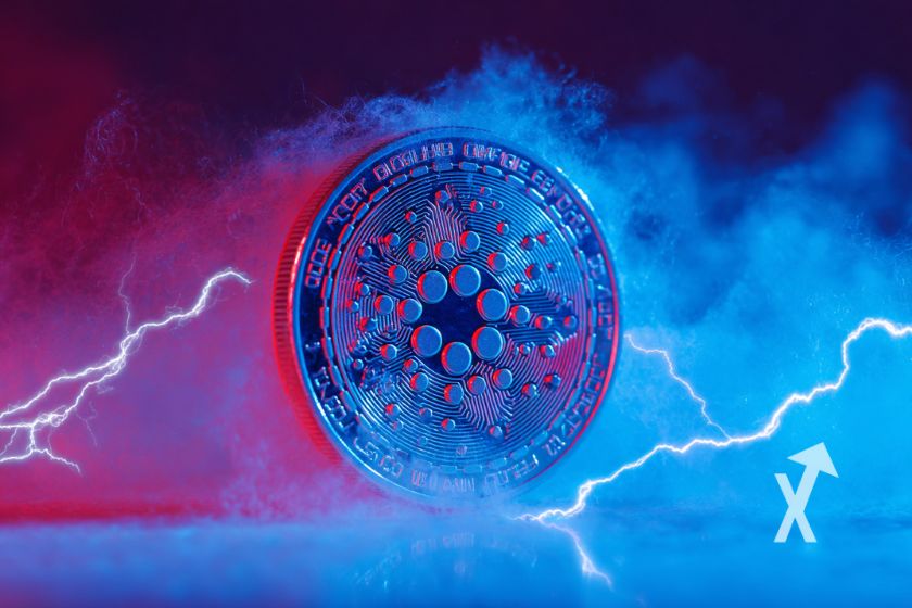 coin cardano sur un fond de fumées bleues et rouges avec de l'électricité autour