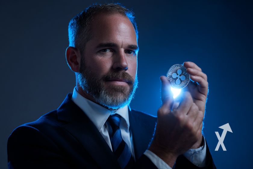 Brad, le PDG de Ripple, qui tient un jeton XRP dans ses mains sur un fond bleu