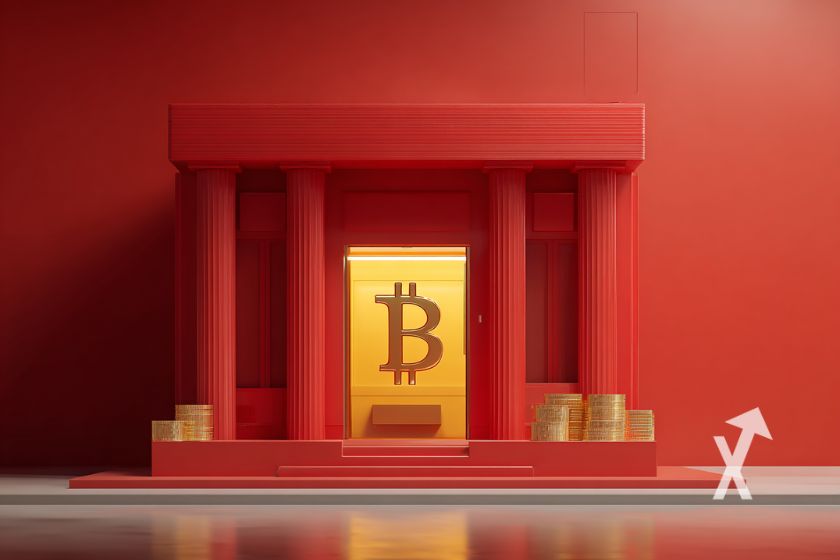 Logo Bitcoin sur une porte jaune d'un bâtiment rouge