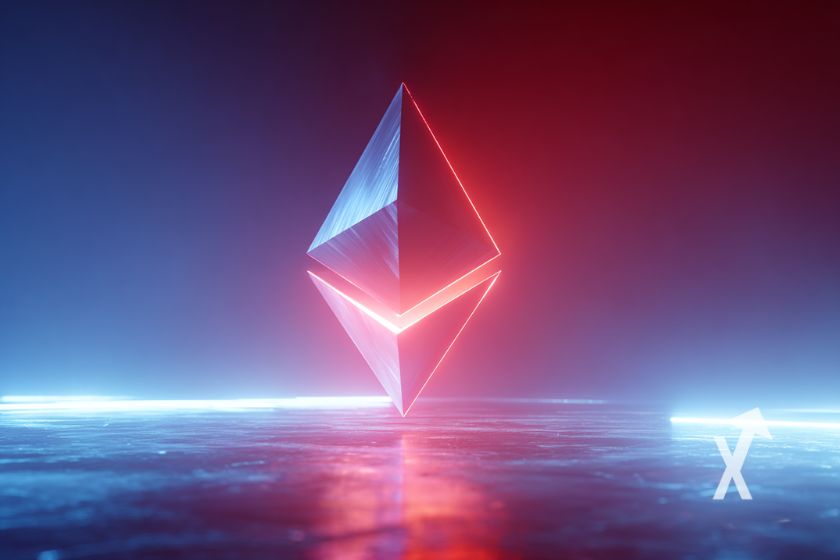 Ethereum logo en rouge sur un fond bleu avec des néons de lumières bleus et rouges