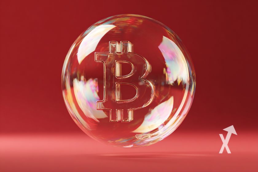 Bitcoin logo dans une bulle sur un fond rouge