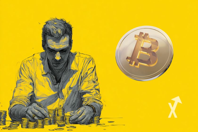 Homme sur un fond jaune avec un Bitcoin gris à droite, il tiens de jetons de Bitocin dans sa main