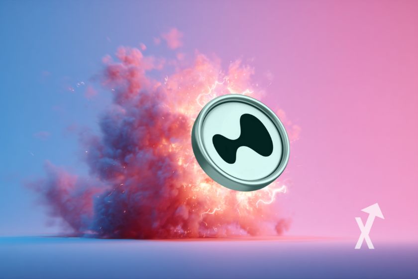 coin hyperliquid sur un fond rose et bleu et une explosion rose derrière le coin