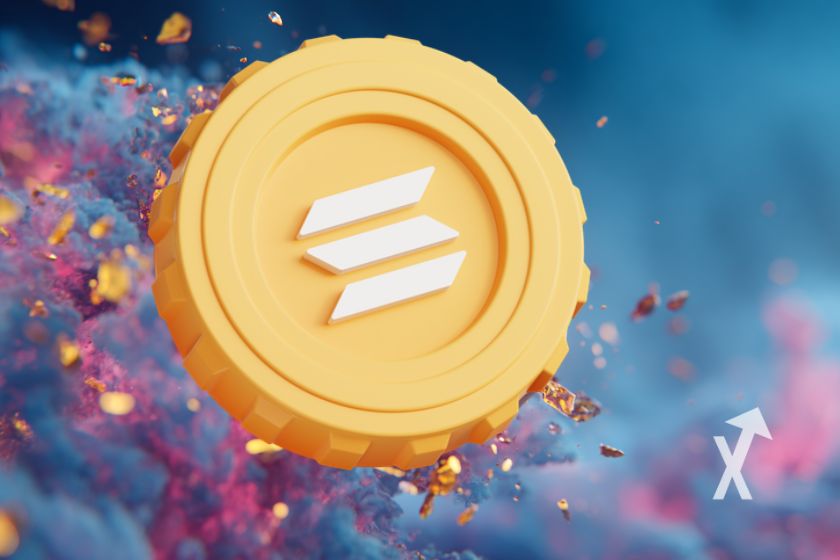 coin Solana en jaune sur un fond bleu avec des explosions de fumées roses