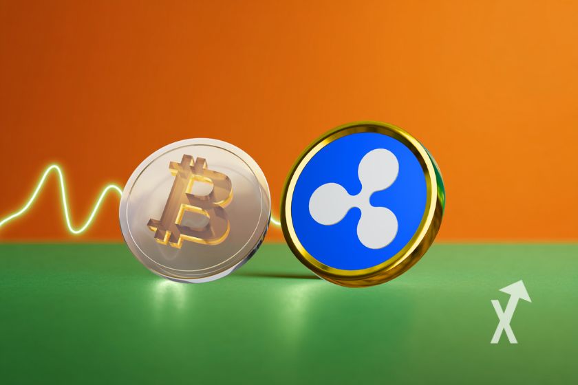 Coin Bitcoin en gris avec coin XRP en bleu sur un fond moitié orange moitié vert et une trendline jaune en fond