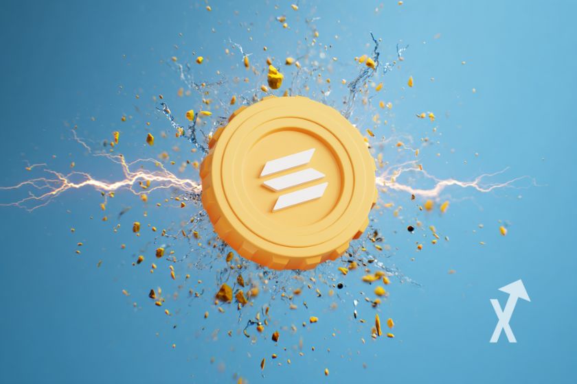 coin solana en jaune sur une explosion avec de l'électricité sur un fond bleu