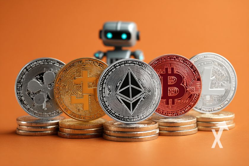 robot derrière 5 coins crypto sur un fond orange