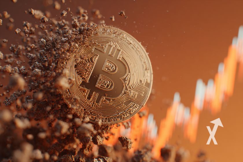 Bitcoin coin en marron qui explose sur un fond orange avec une trendline de bougies rouges en fond