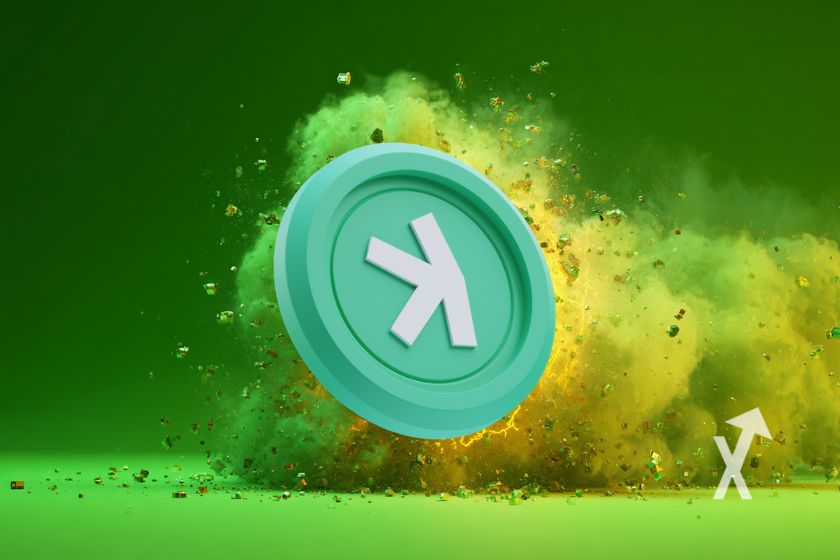 coin Kaspa KAS sur un fond vert avec une nuage de fumée vert et jaune derrière