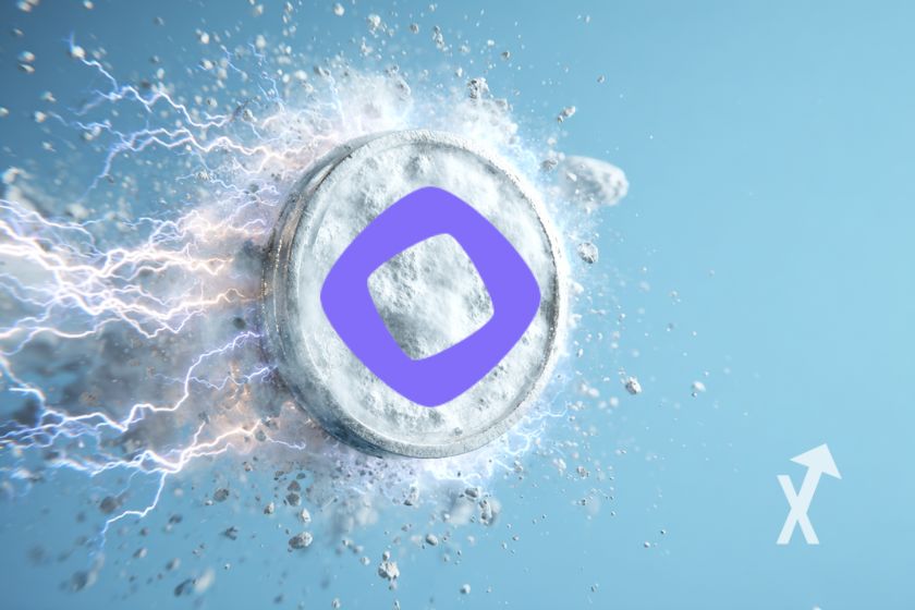 coin Monad MON en blanc sur un fond bleu ciel dans un nuage de fumée grise et de l'électricité qui en ressort