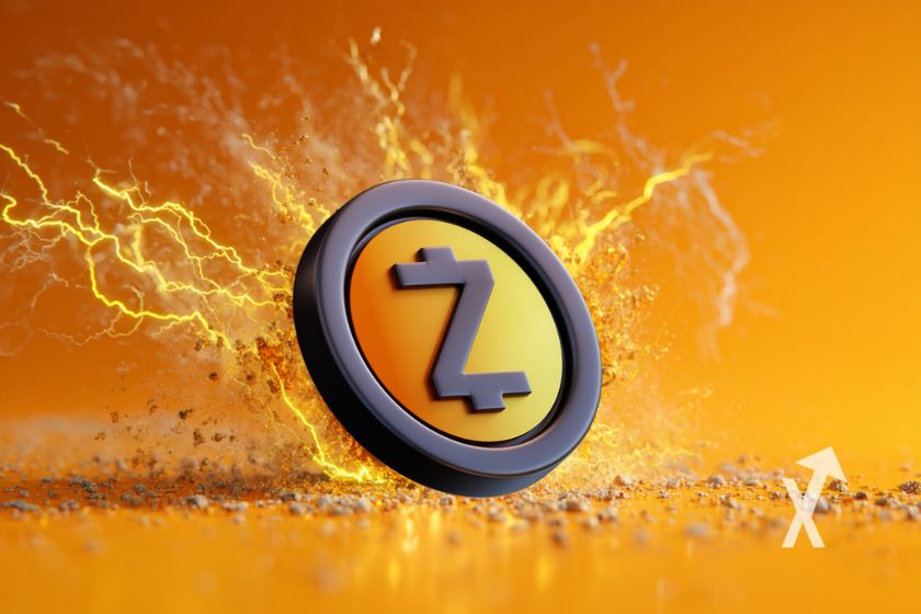 coin du Zcash sur un fond orange avec électricité autour du coin en jaune