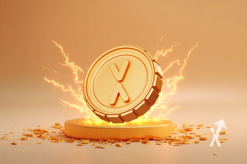 coin XRP en jaune sur un fond orange jaune et électricité autour du coin