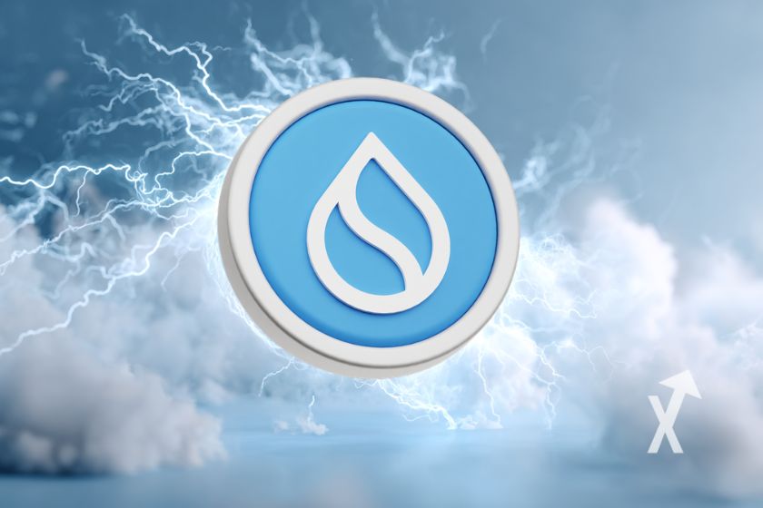 Jeton sui dans un ciel bleu avec des nuages et des éclairs autour