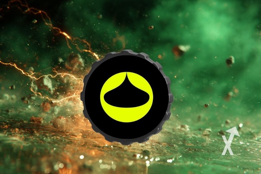 coin Rain Protocol fond vert avec explosions jaune et des pierres qui volent dans un environnement plein de fumée
