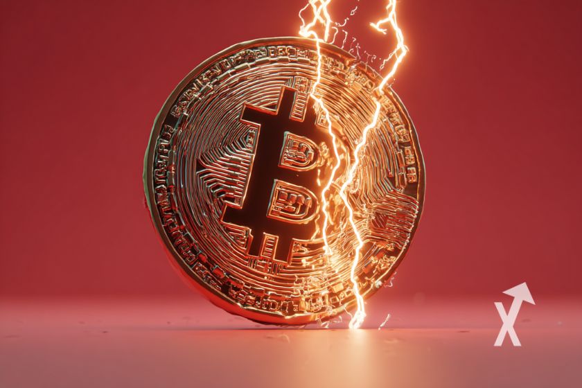 coin Bitcoin sur un fond rouge avec un éclair jaune par desssus