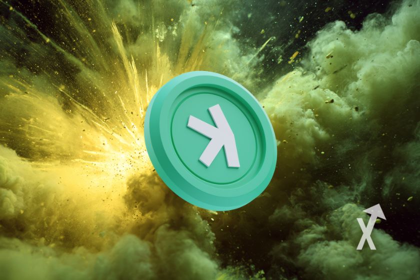 Kaspa coin sur un fond de ciel verts avec explosion jaune et nuages verts
