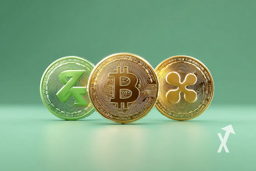 Coins de Bitcoin et XRP sur un fond vert clair