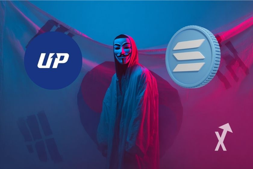 Hacker masqué sur un fond bleu et rose avec un drapeau de la corée du sud étendu dans l'ombre en fond avec un logo upbit à gauche et un coin Solana à droite