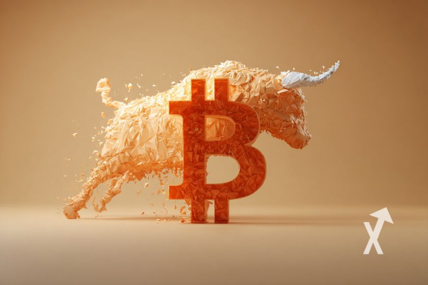 Un bull orange avec un logo Bitcoin en orange devant lui sur un fond gris/marron