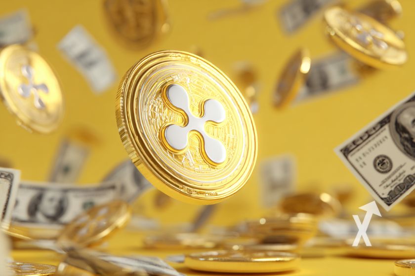 oin XRP en jaune sur un fond jaune avec des billets dollars qui volent autour