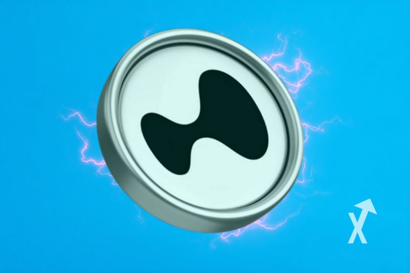 coin hyperliquid sur un fond bleu avec de l'électricité rouge derrière