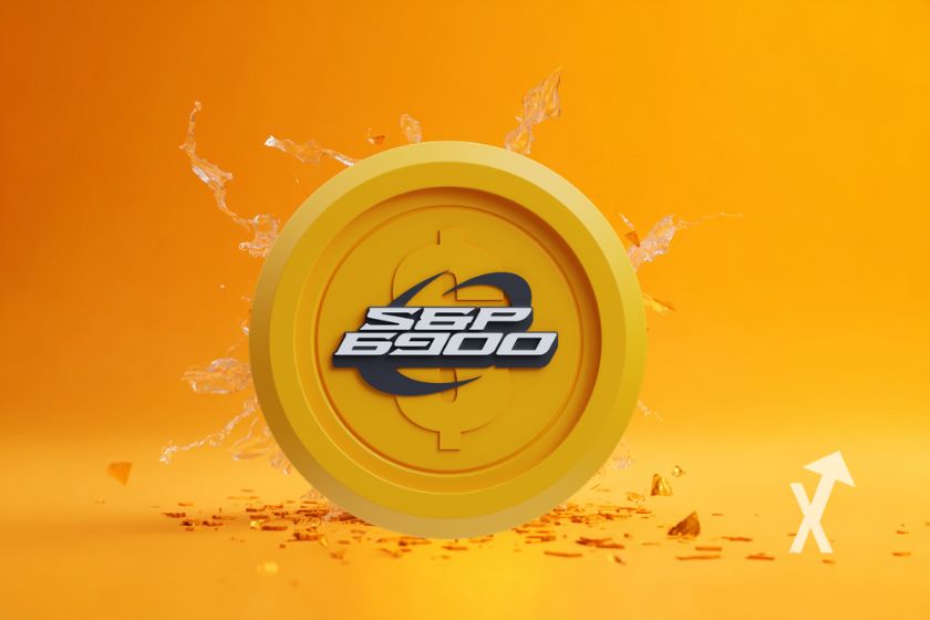 coin SPX6900 sur fond orange avec éclats de roches autour