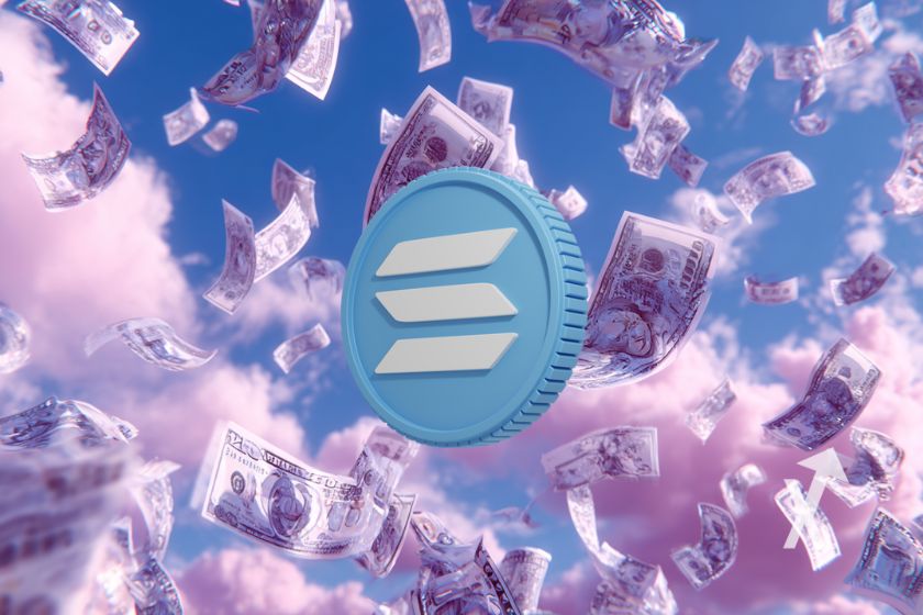 coin Solana avec des billets qui volent autour dans un ciel bleu avec nuages roses