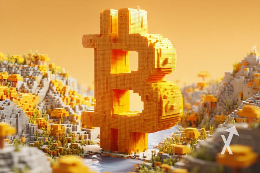 coin en bloc comme dans minecraft avec un monde en bloc autour avec des abres pixels orange sur ciel orange