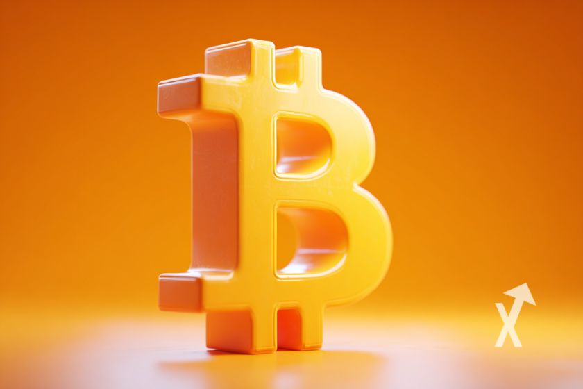 logo Bitcoin en forme de bloc en orange sur un fond orange