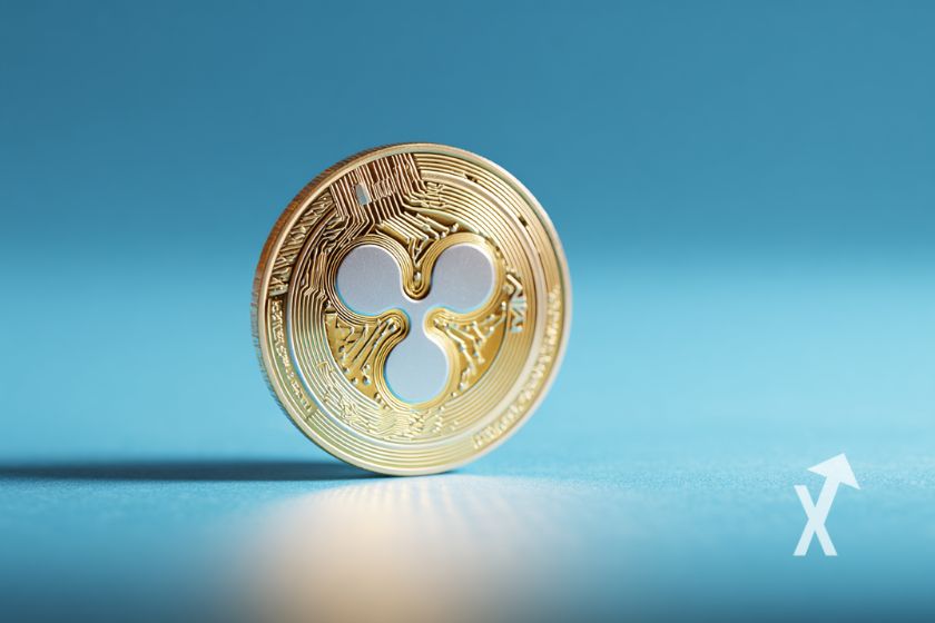 coin XRP en jaune sur un fond bleu ciel