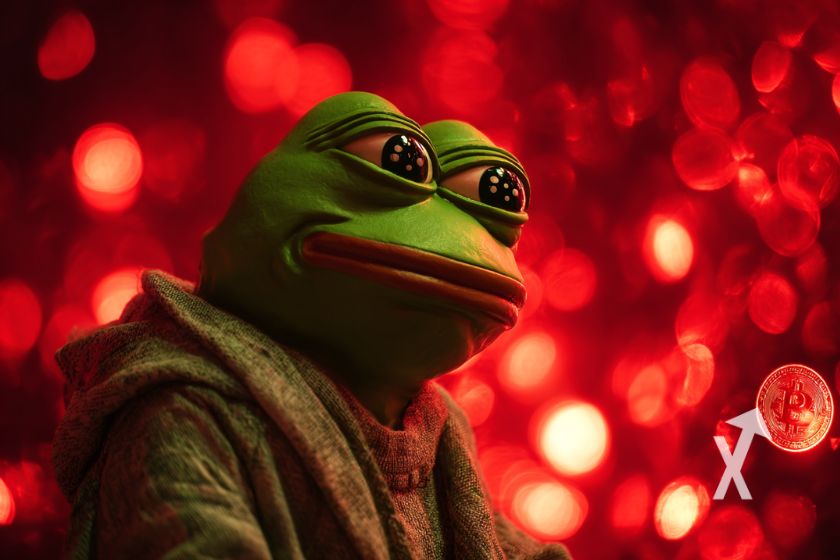 La grenouille PEPE avec une veste marron dans un fond rouge avec points de lumières