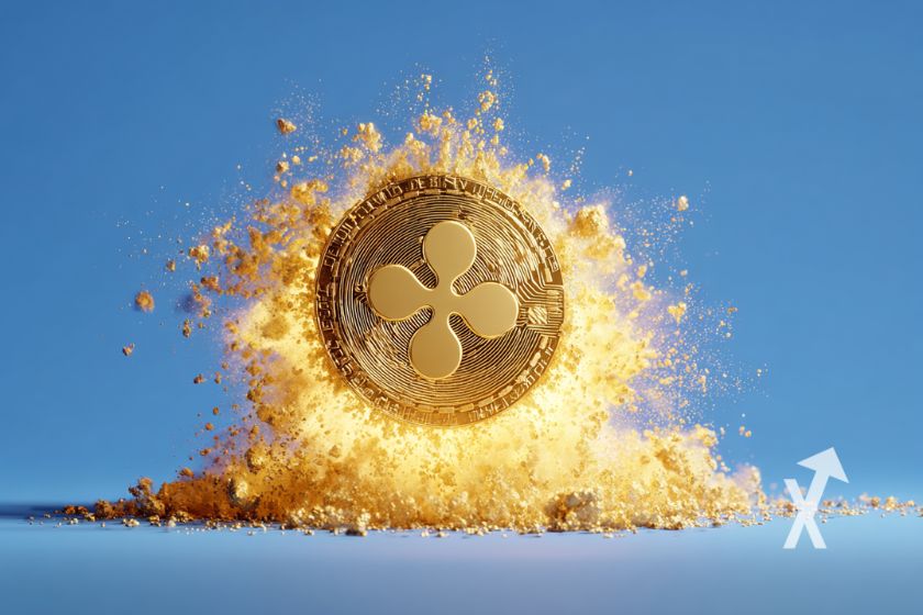 coin XRP dans une epxlosion jaune sur un fond bleu
