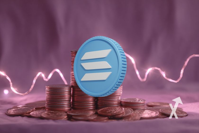 coin Solana en bleu sur un fond rose avec trendline rose qi brille avec des tokens empilés en fond