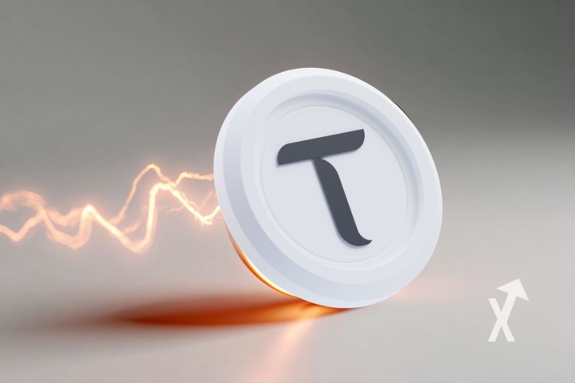 Coin TAO sur un fond blanc avec une ligne électrique orange derrière