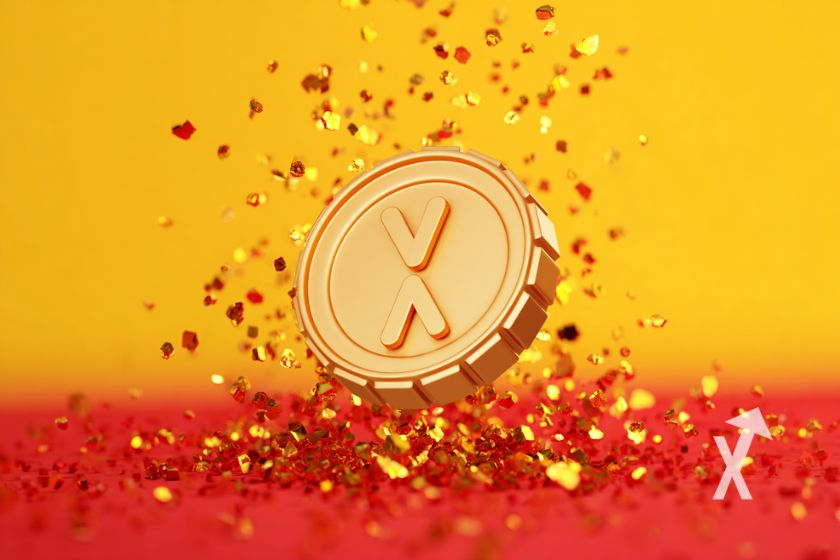 coin xrop en jaune sur un fond rouge et jaune avec des pépites d'or qui volent autour