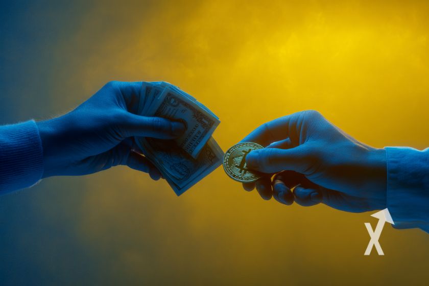 Deux mains bleues sur un fond jaunes qui s'échangent des billets dollars contre un coin Bitcoin