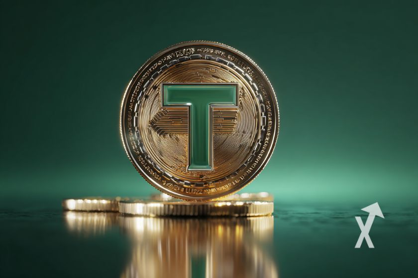 Coin en or de thether USDT sur un fond vert avec des coins posés en dessous