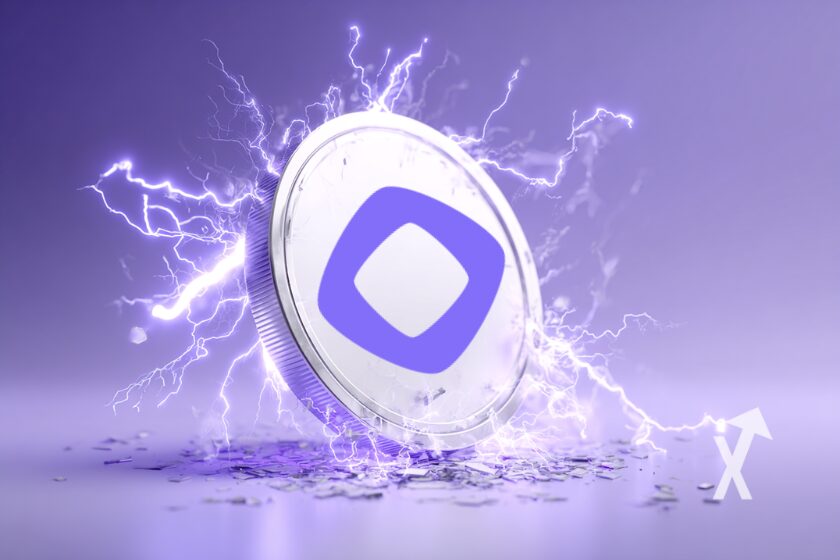 coin monad MON en blanc avec électricité violette autour et un fond violet