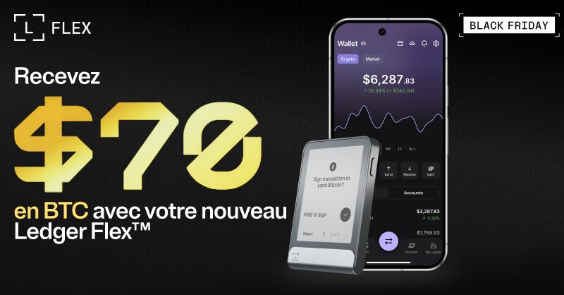 Un smartphone avec un ledger flex sur fond noir pour une offre black friday