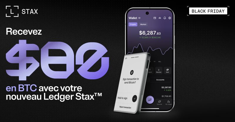 Un smartphone avec un ledger stax sur fond noir pour une offre black friday