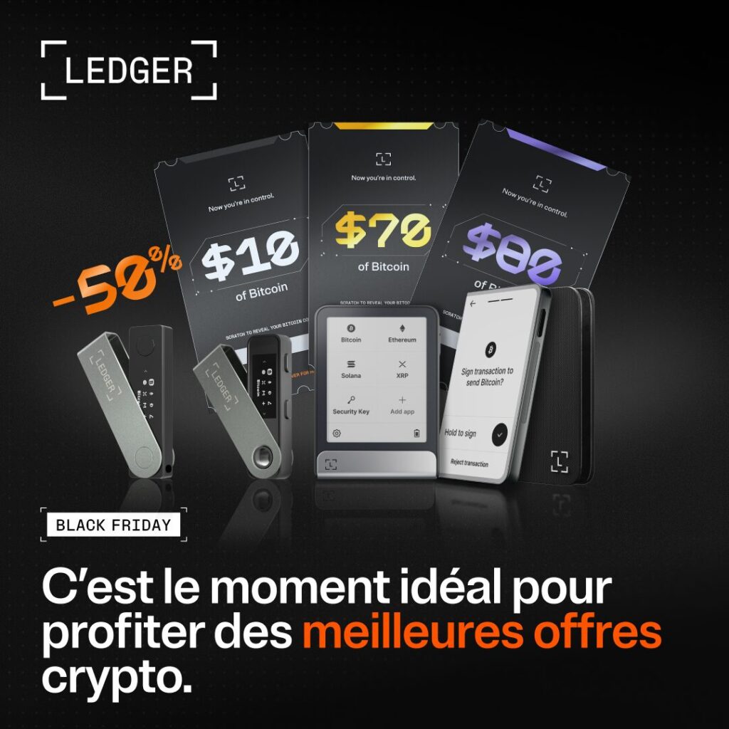 Promotion Ledger Black Friday présentant un portefeuille hardware Ledger sur fond noir, avec éléments graphiques modernes et mise en avant des offres de sécurité crypto.