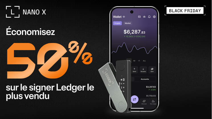 Un smartphone avec un ledger nano x sur fond noir pour une offre black friday