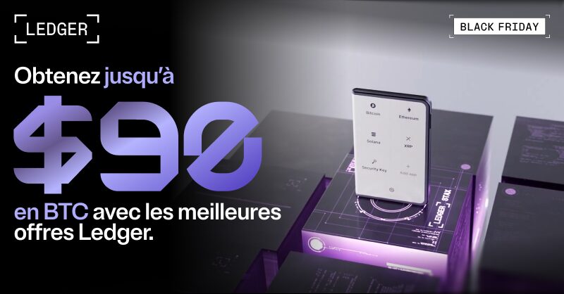 Une clé ledger sur fond noir et violet pour une offre spéciale black friday de 90$ de BTC
