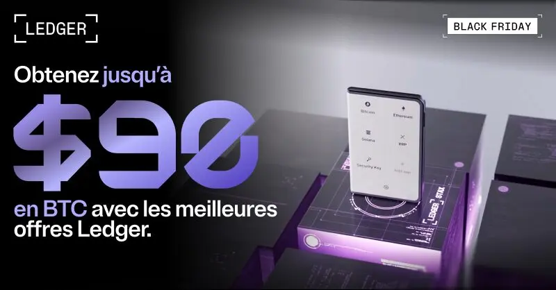 Une clé ledger sur fond noir et violet pour une offre spéciale black friday de 90$ de BTC