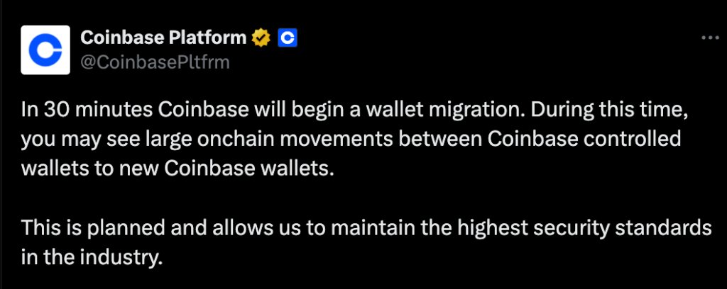 Tweet X de coinbase qui parle de la migration de fonds sur un autre wallet