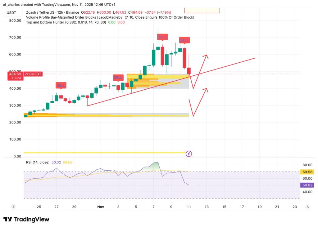 cours du ZEC zcash en 16 heures avec Order Blocks, trendline et sell signal