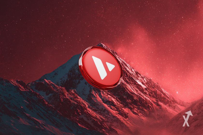Le token rouge de AVAX sur une montagne enneigée avec un ciel étoilé rouge