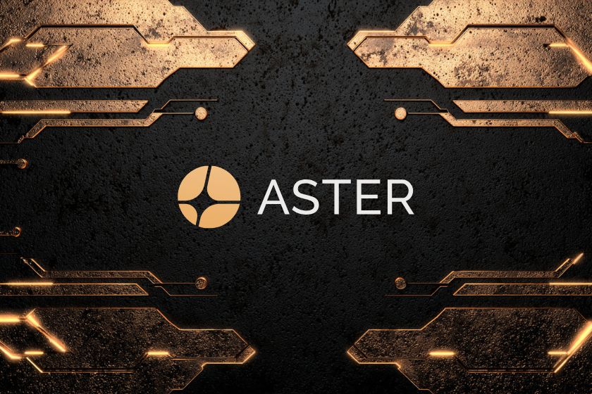 Une image avec un fond noir, des motifs futuristes en bronze et le logo Aster au centre